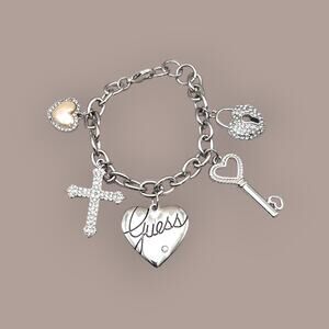 Guess Heart Key Cross Silver Charm Bracelet with Rhinestones